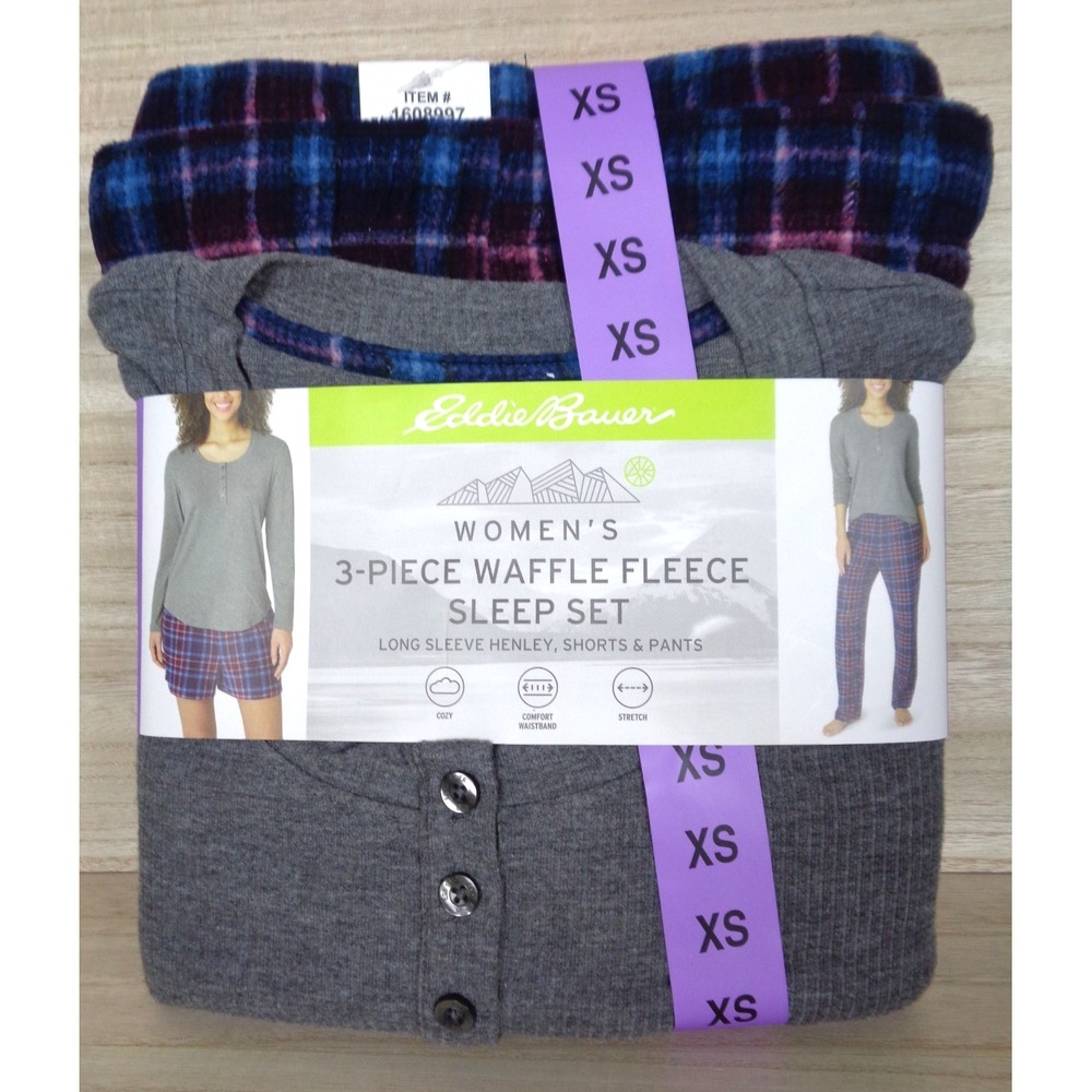 Eddie Bauer Women's 3-Piece Waffle Fleece Sleep Set Pajamas Size XS Gray
